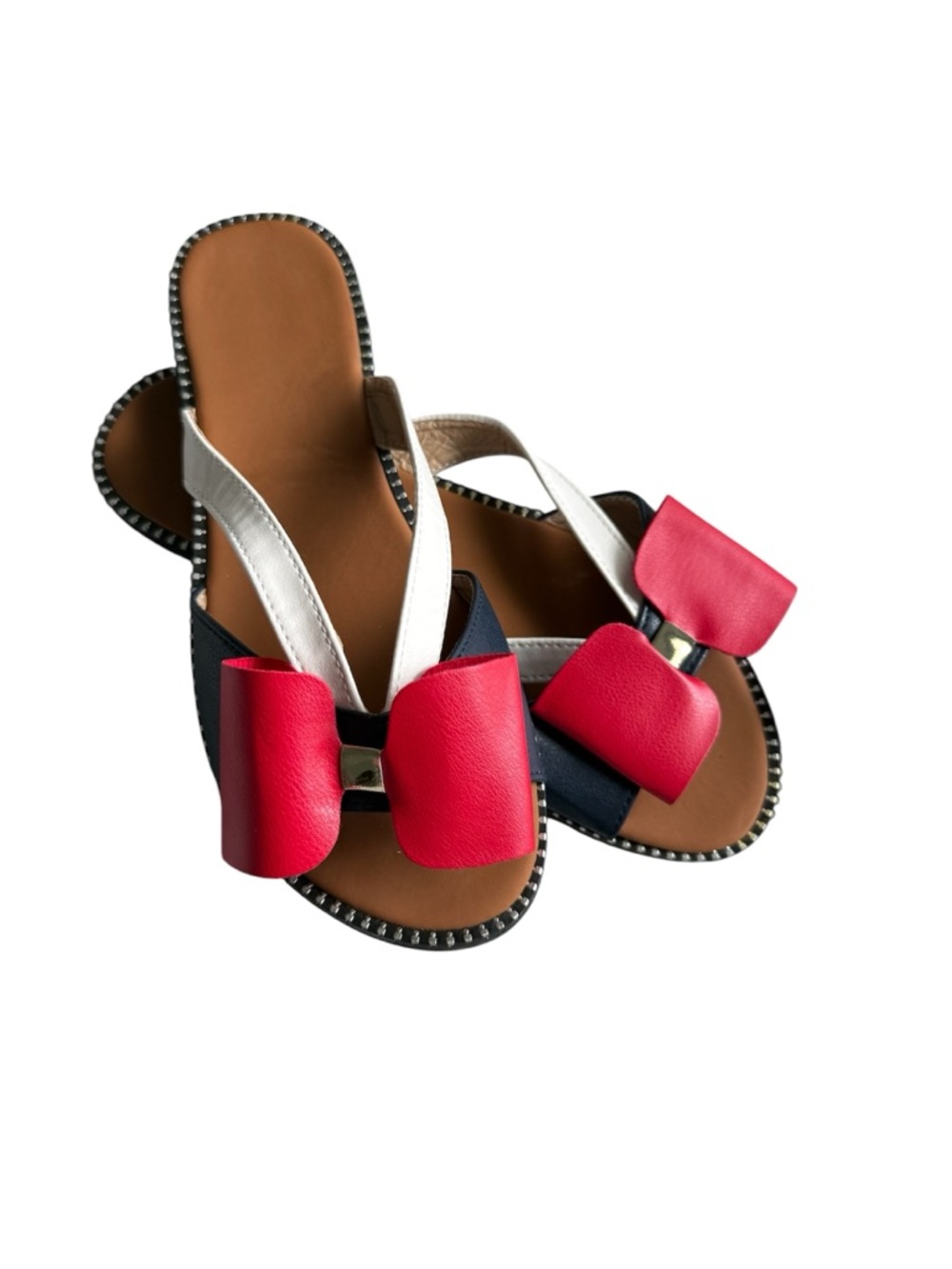Womens Classy Red Navy Blue Bow Tie Slip On Nautical Sandals 8-8.5